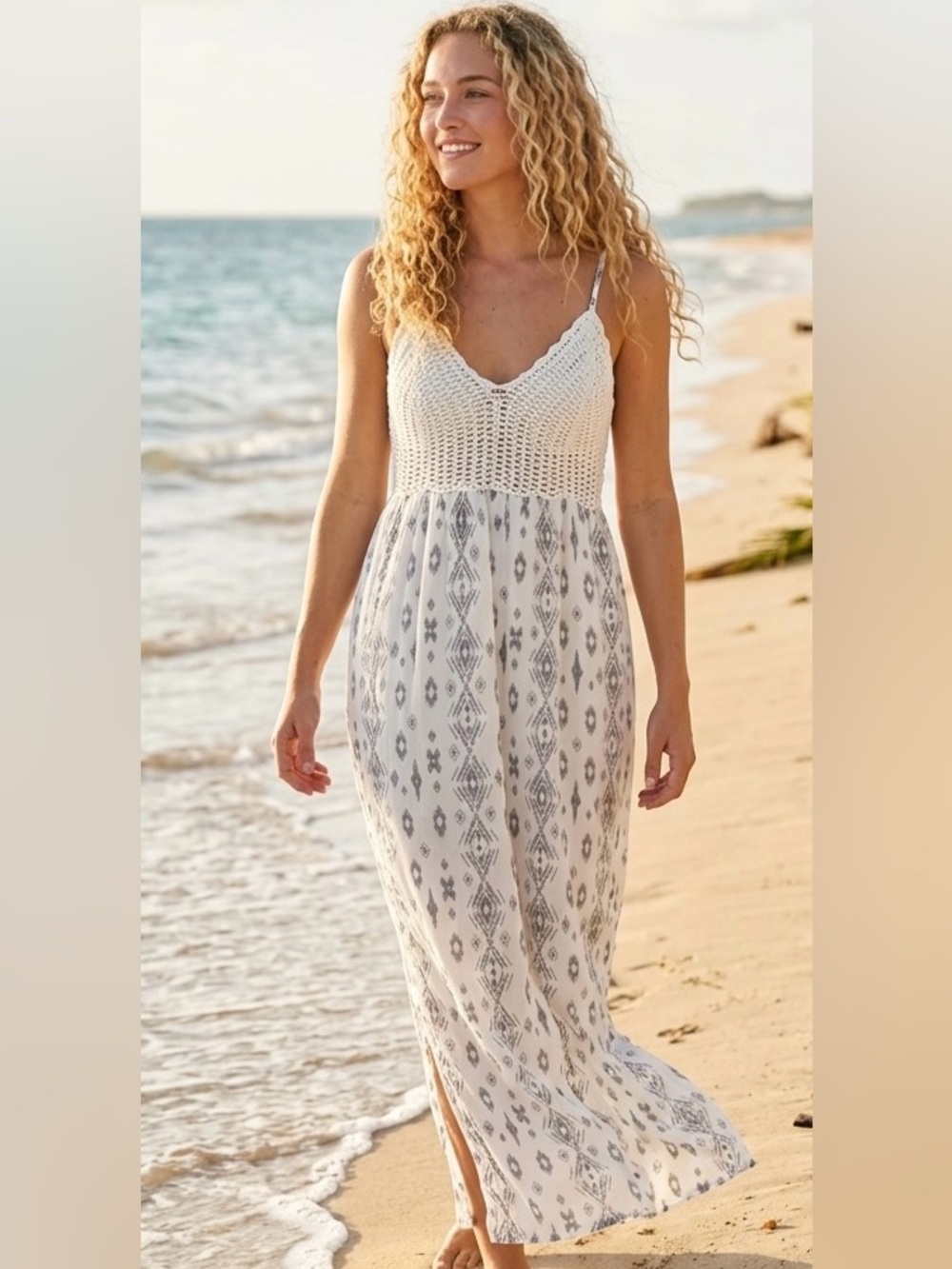 Beach By Exist Ivory and Black Crochet-Trim Dress